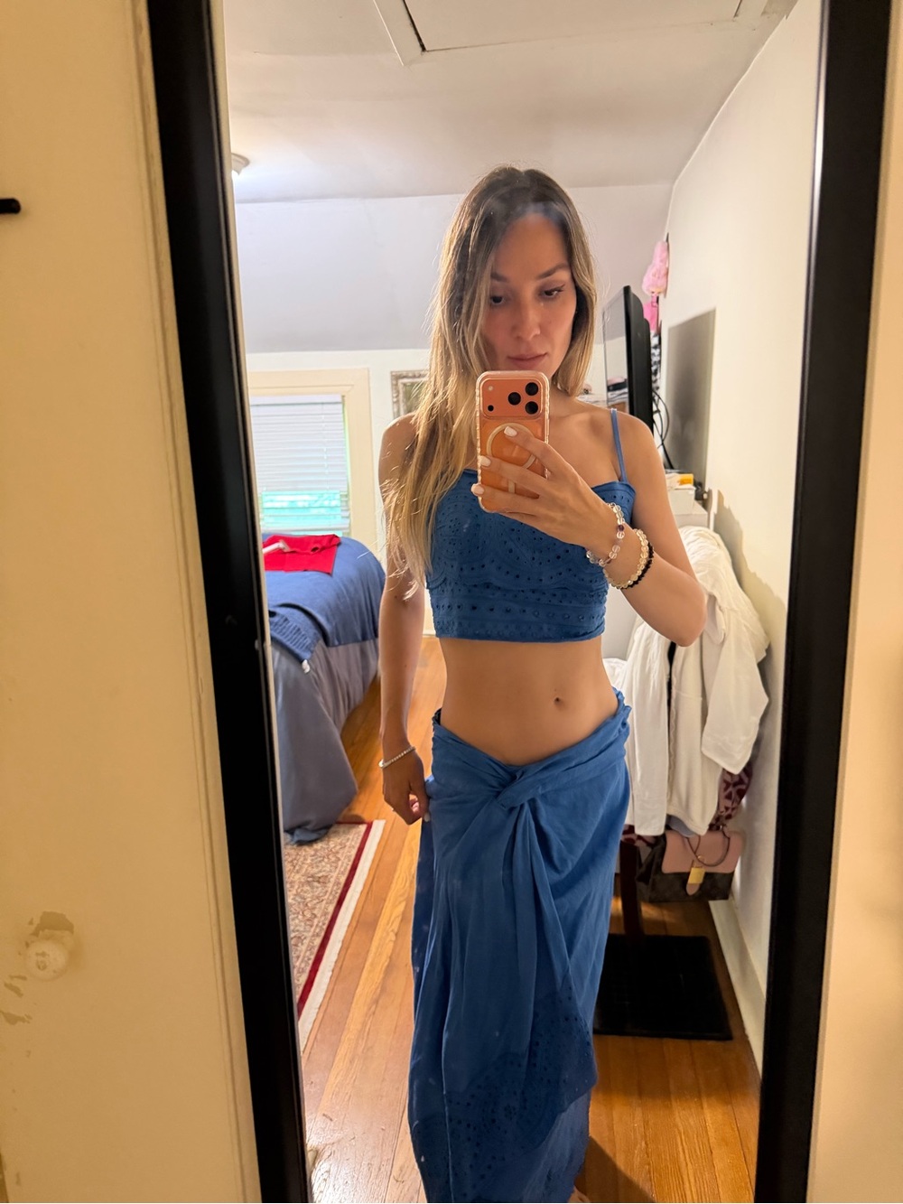 Blue Eyelet Crop Top and Wrap Skirt Set